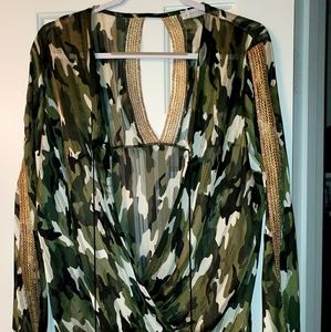 NWOT Beautiful shear camo blouse